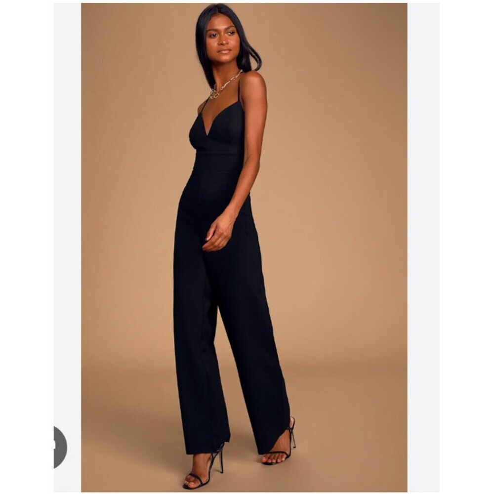 Lulus Jumpsuit Womens Large Black Sleeveless V Neck Strappy Wide Leg Party